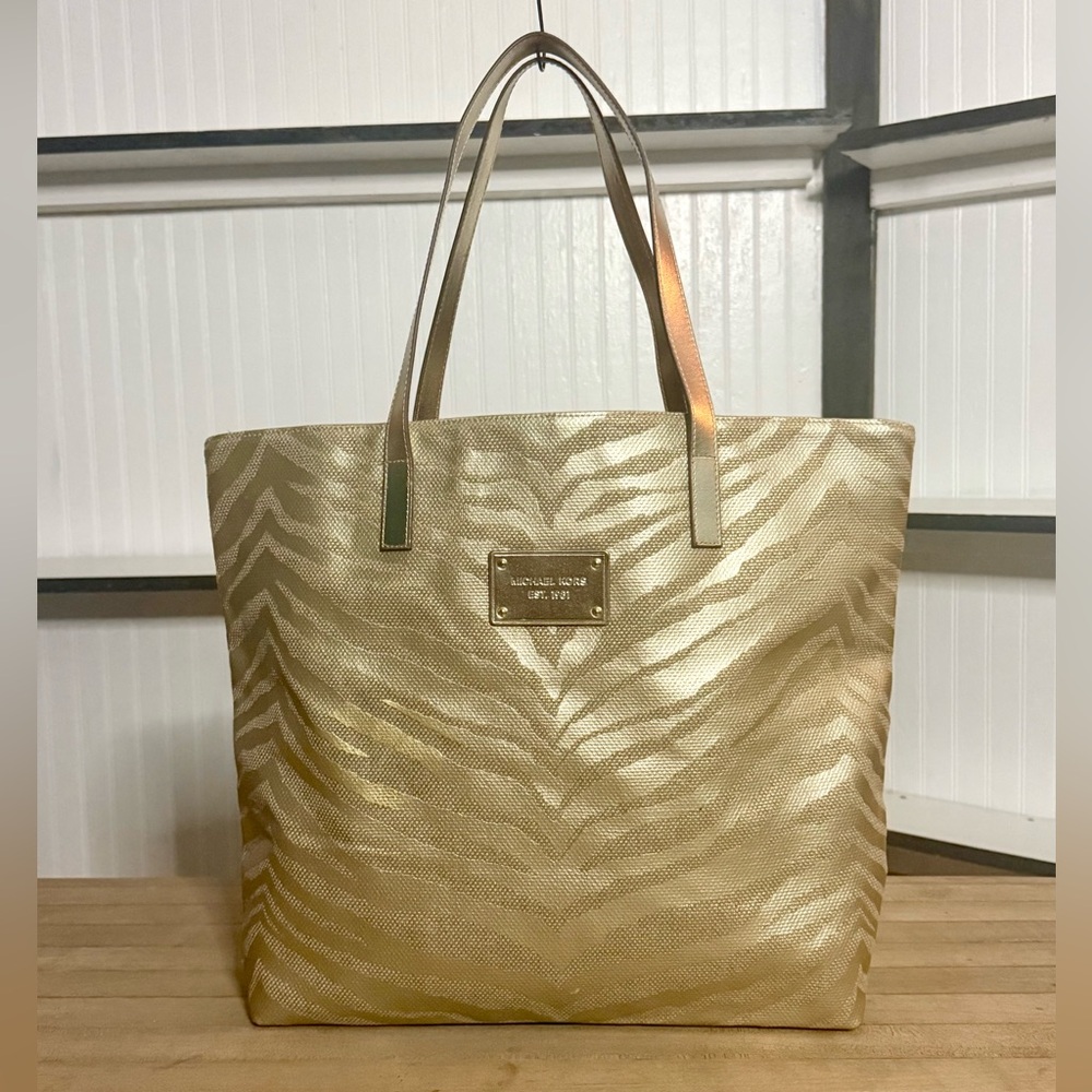 Michael Kors Gold Canvas & Leather Animal Print Tote Bag
